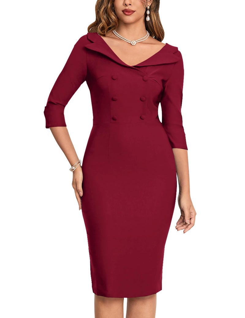 MUXXN Womens Sheer Button Up Sheath Slim Wear to Work Pencil Midi Office Dress (Burgundy M) - Image 3